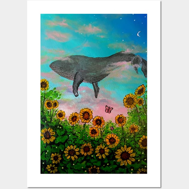 Whale flying in the sky with flower view Wall Art by Sorbelloart